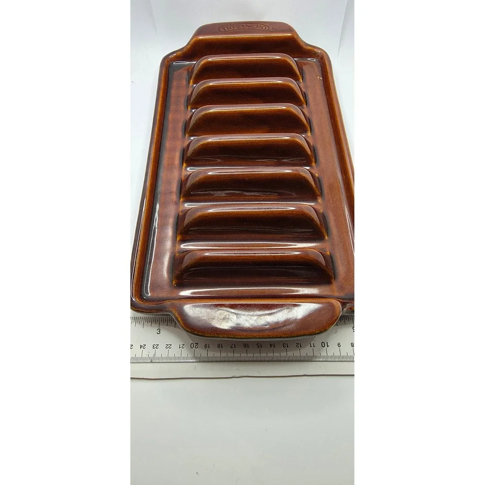Tio Sancho Vintage Ceramic Taco Holder Server Tray Brown Glaze 8 Slot Stoneware